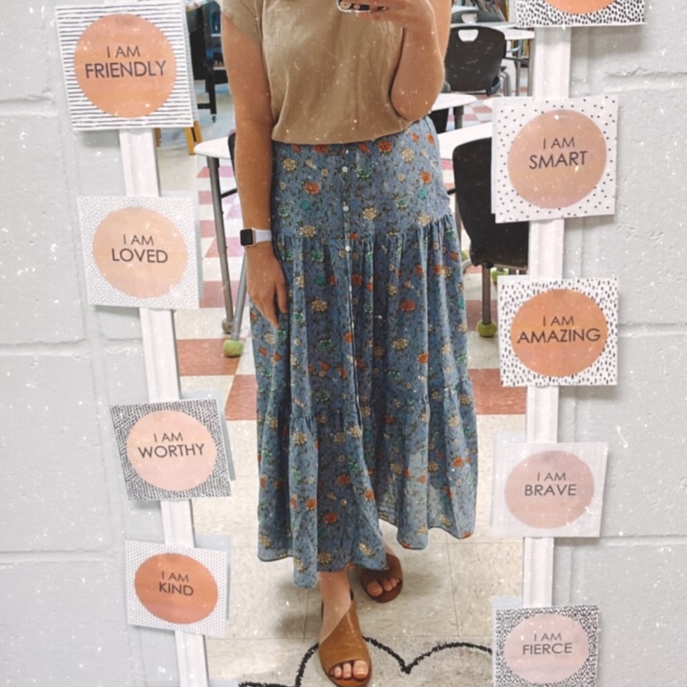 Floral Blue Maxi Skirt - Women's Boho Tiered Skirt